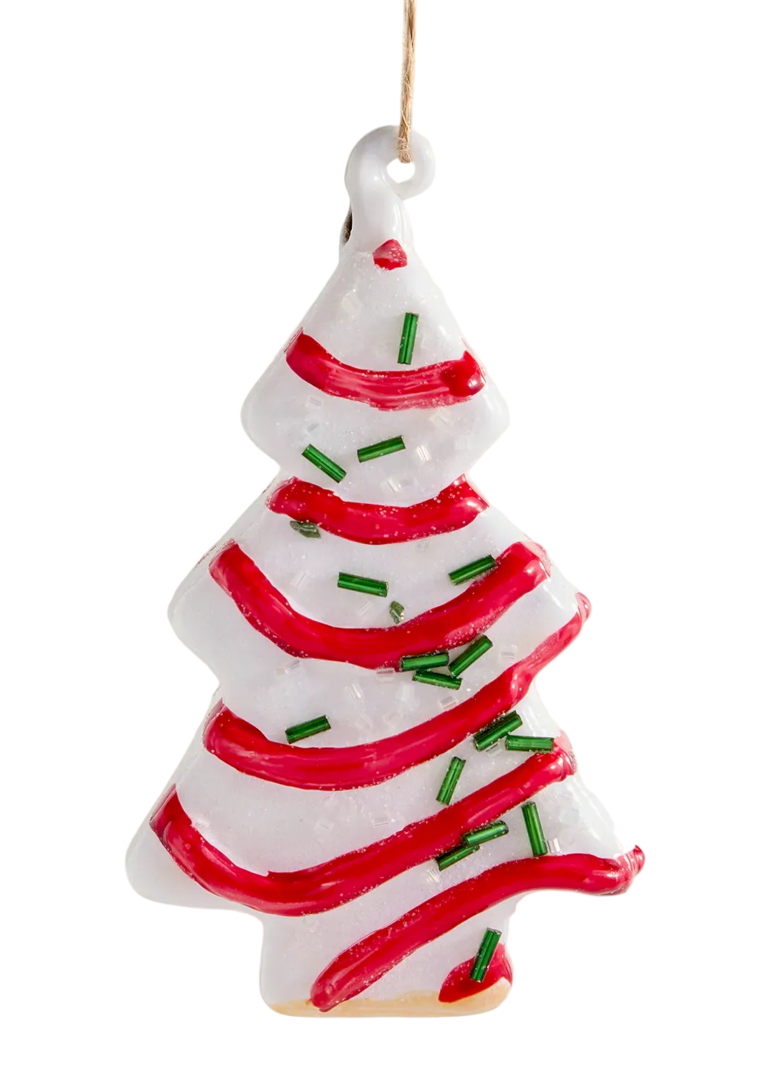 Christmas tree ornament with red and green decorations on a white background