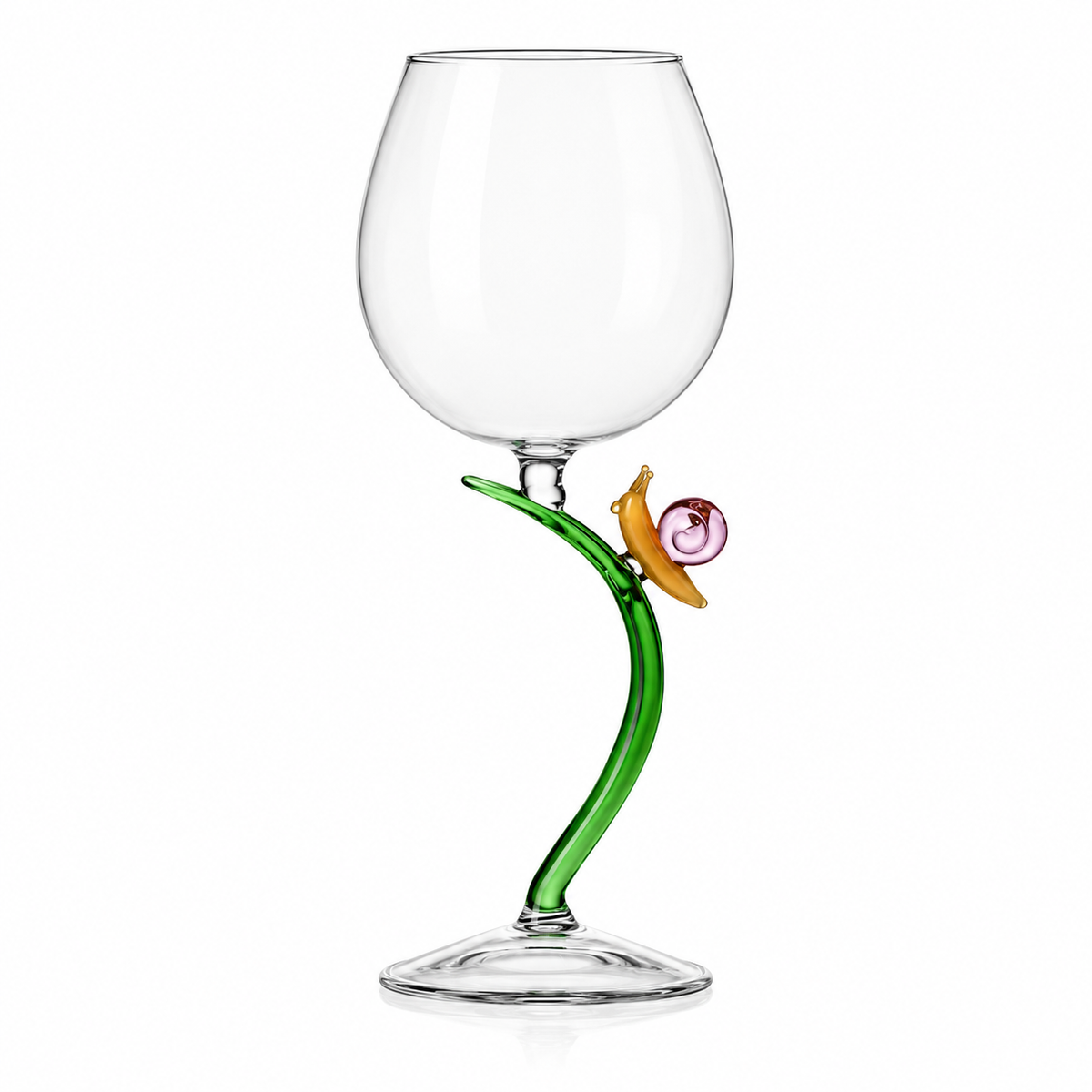 A clear glass wine glass with a curved green stem and a small orange snail decoration holding a pink shell near the base, shown on a white background.