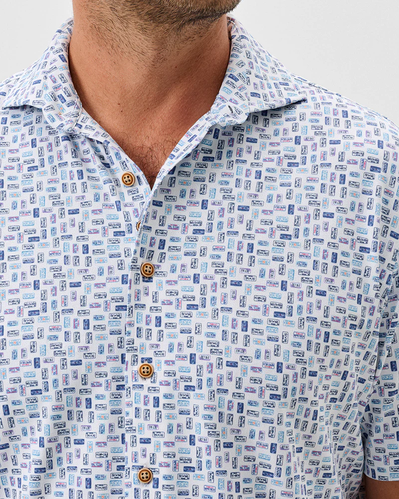 Roadtrip Printed Knit Printed Mesh Short Sleeve Button Down Shirt