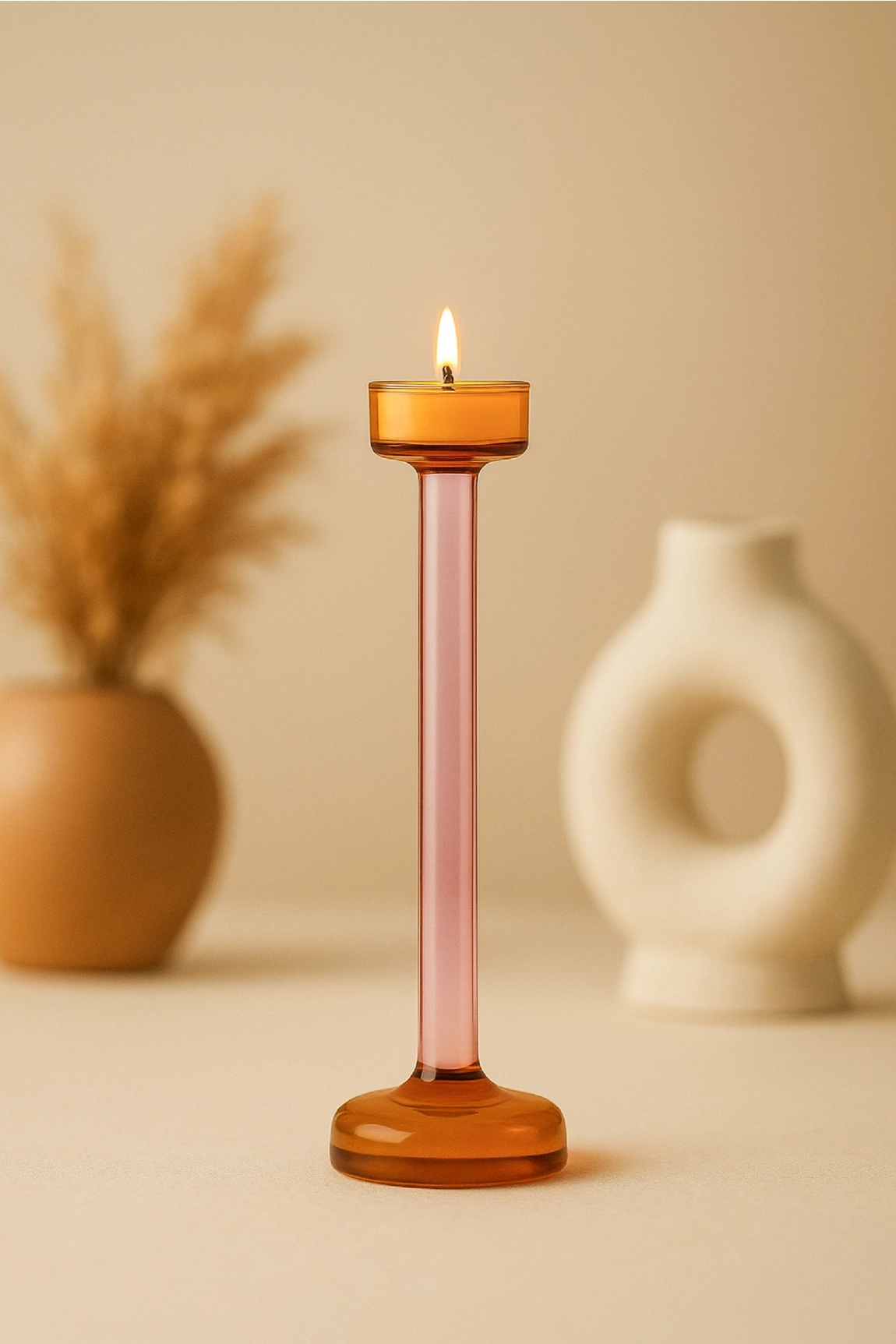 Amber & Pink Glass Candle Holders