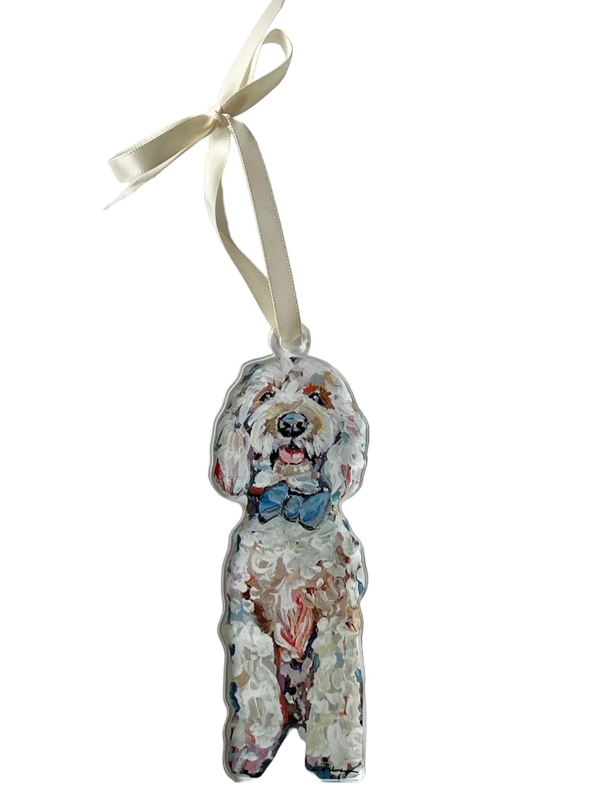 Decorative ornament of a dog with a bow tie on a white background