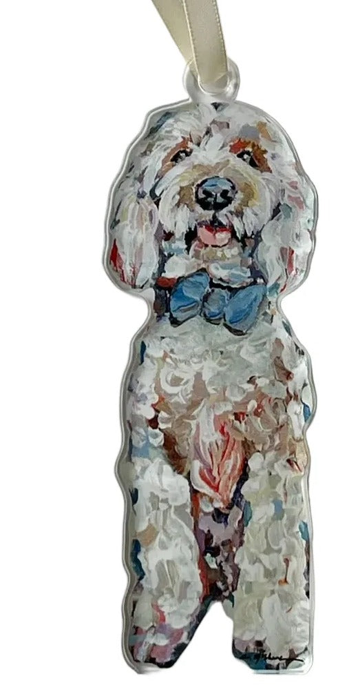 Decorative ornament of a dog with a bow tie on a white background