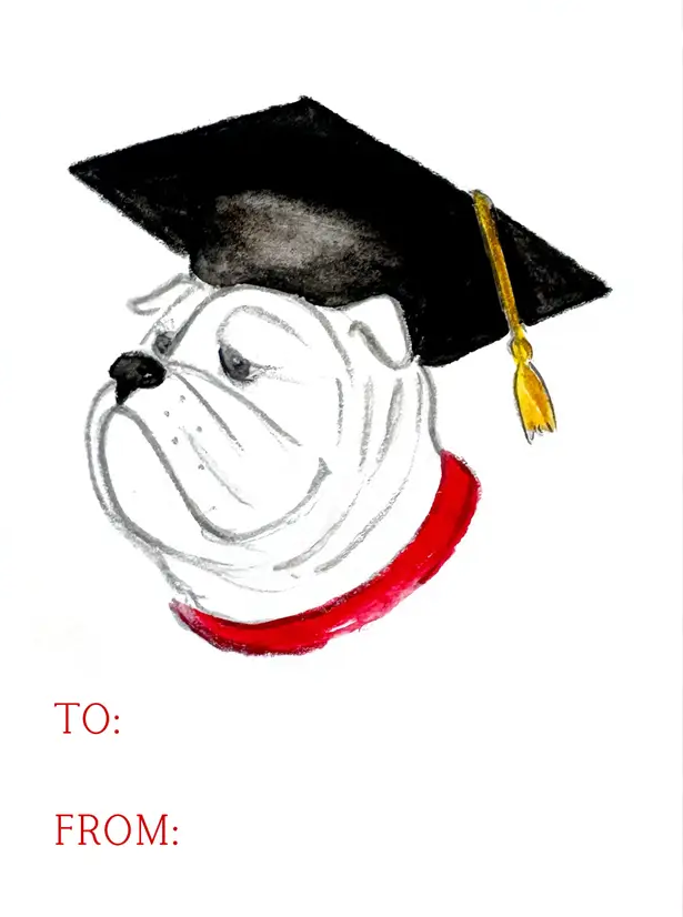 Graduation-themed card with a bulldog illustration and red yarn on a white surface.