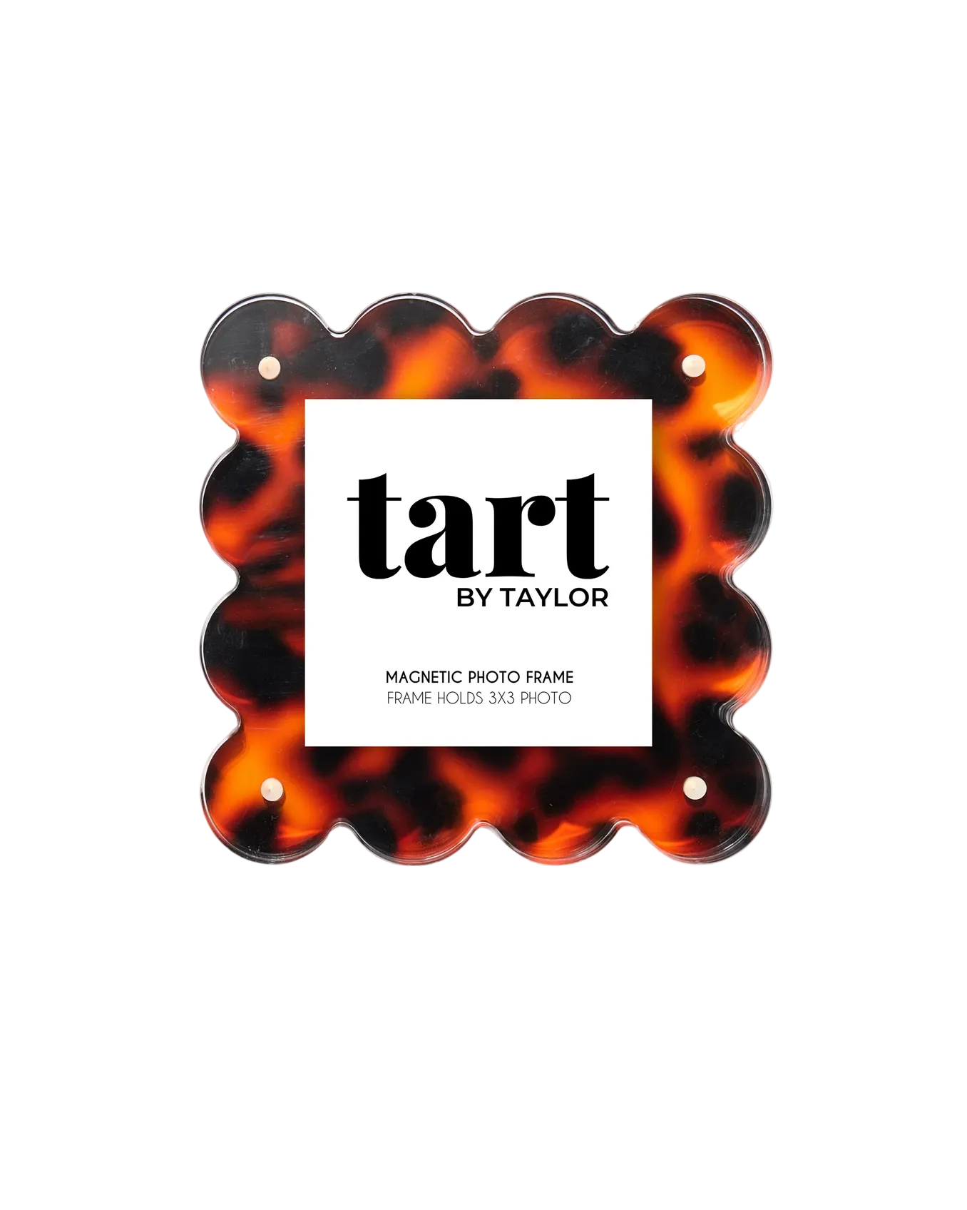Tortoiseshell magnetic photo frame with 'tart by Taylor' branding on a white background