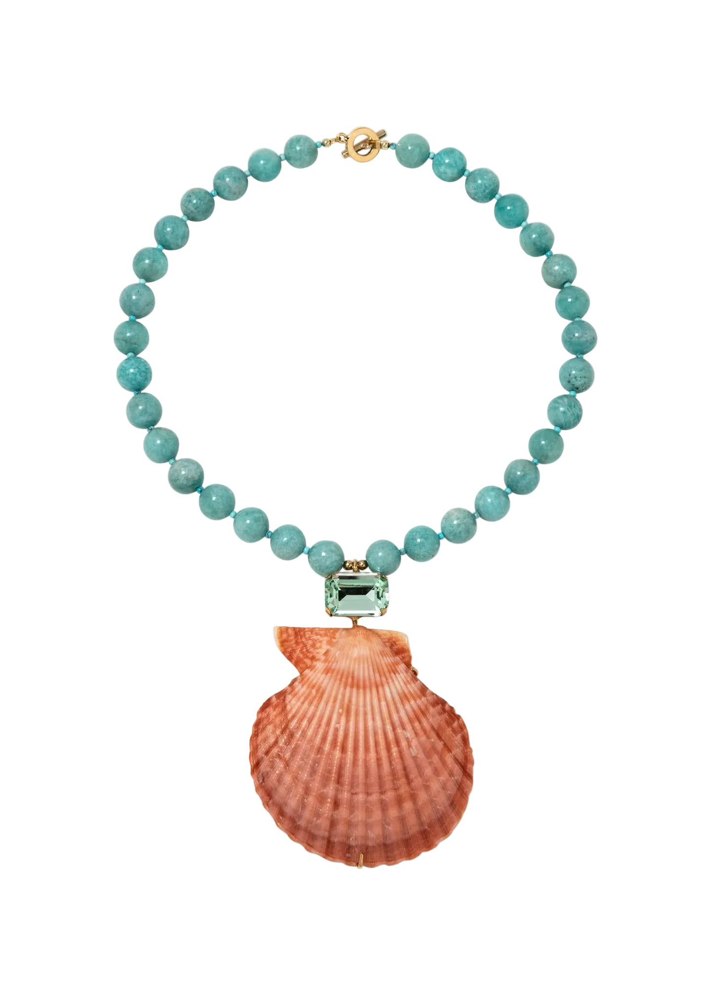 Necklace with turquoise beads and a pink shell pendant on a white background