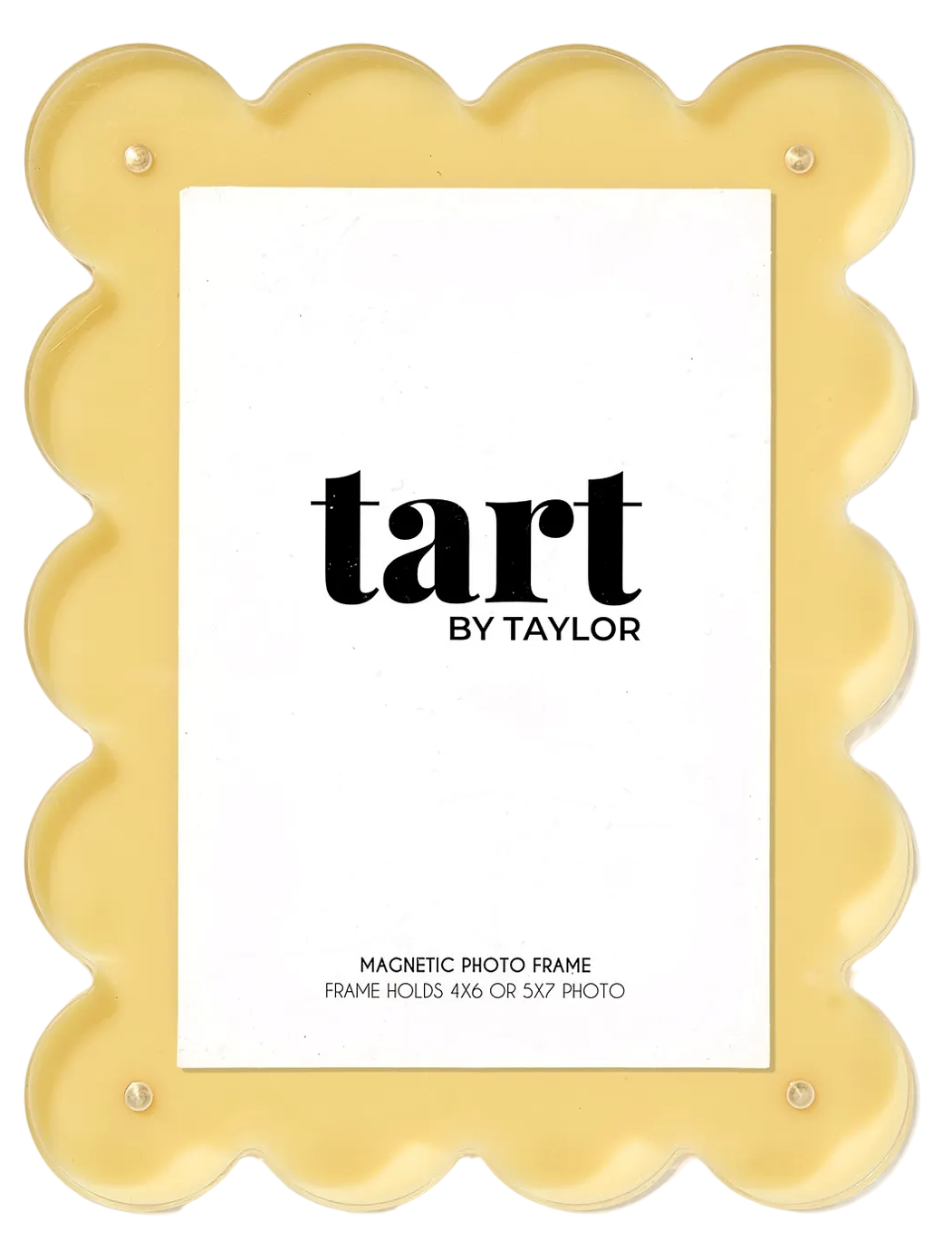 Yellow scalloped photo frame with 'tart by Taylor' branding on a white background
