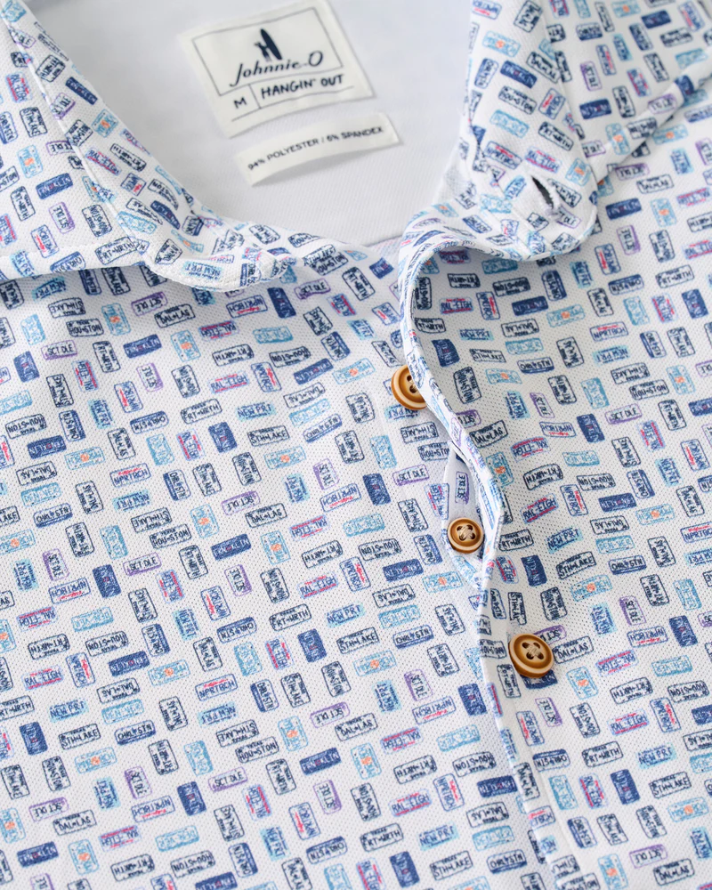 Roadtrip Printed Knit Printed Mesh Short Sleeve Button Down Shirt