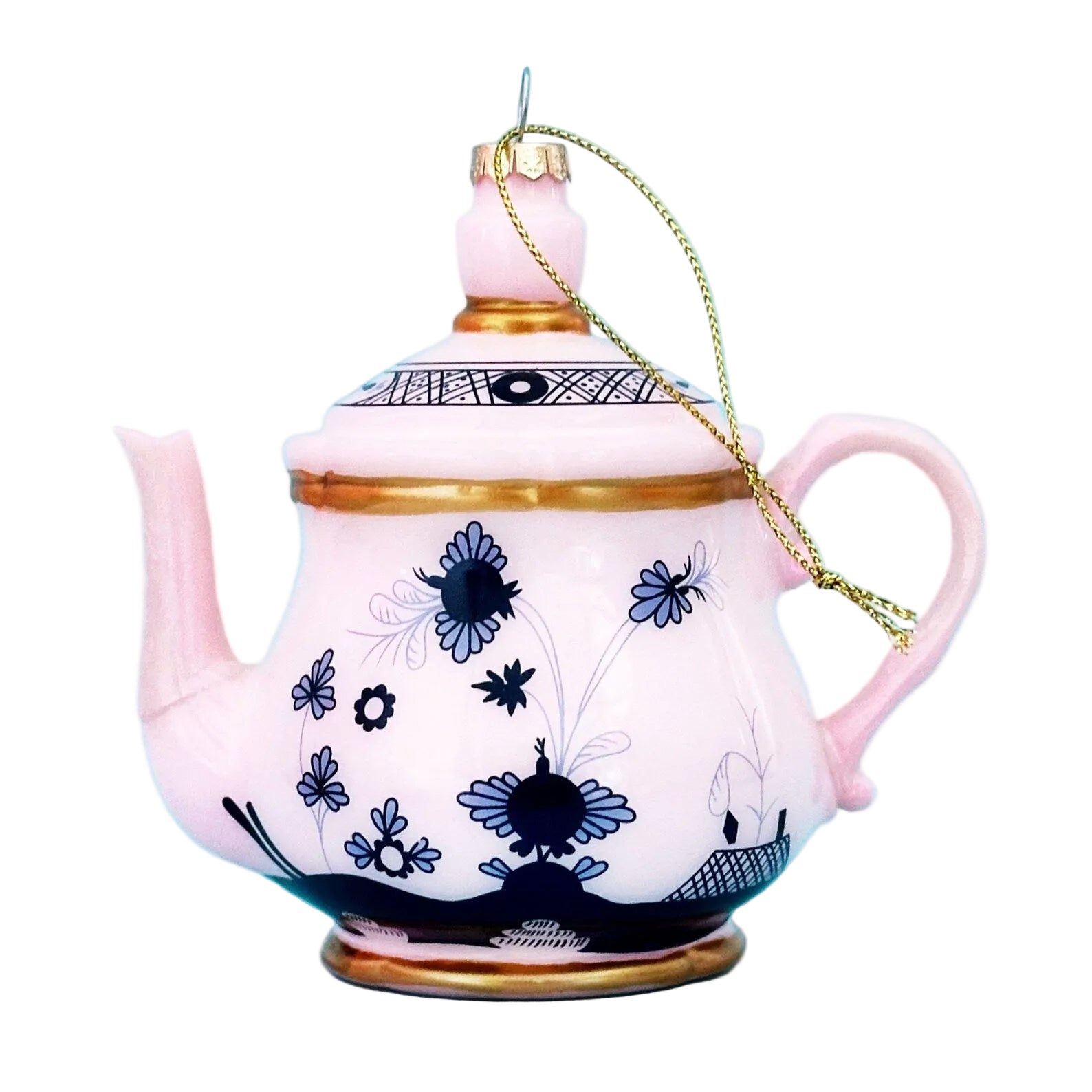 A decorative pink ceramic teapot ornament with blue floral patterns, gold trim, and a gold hanging chain, shown against a solid light blue background.