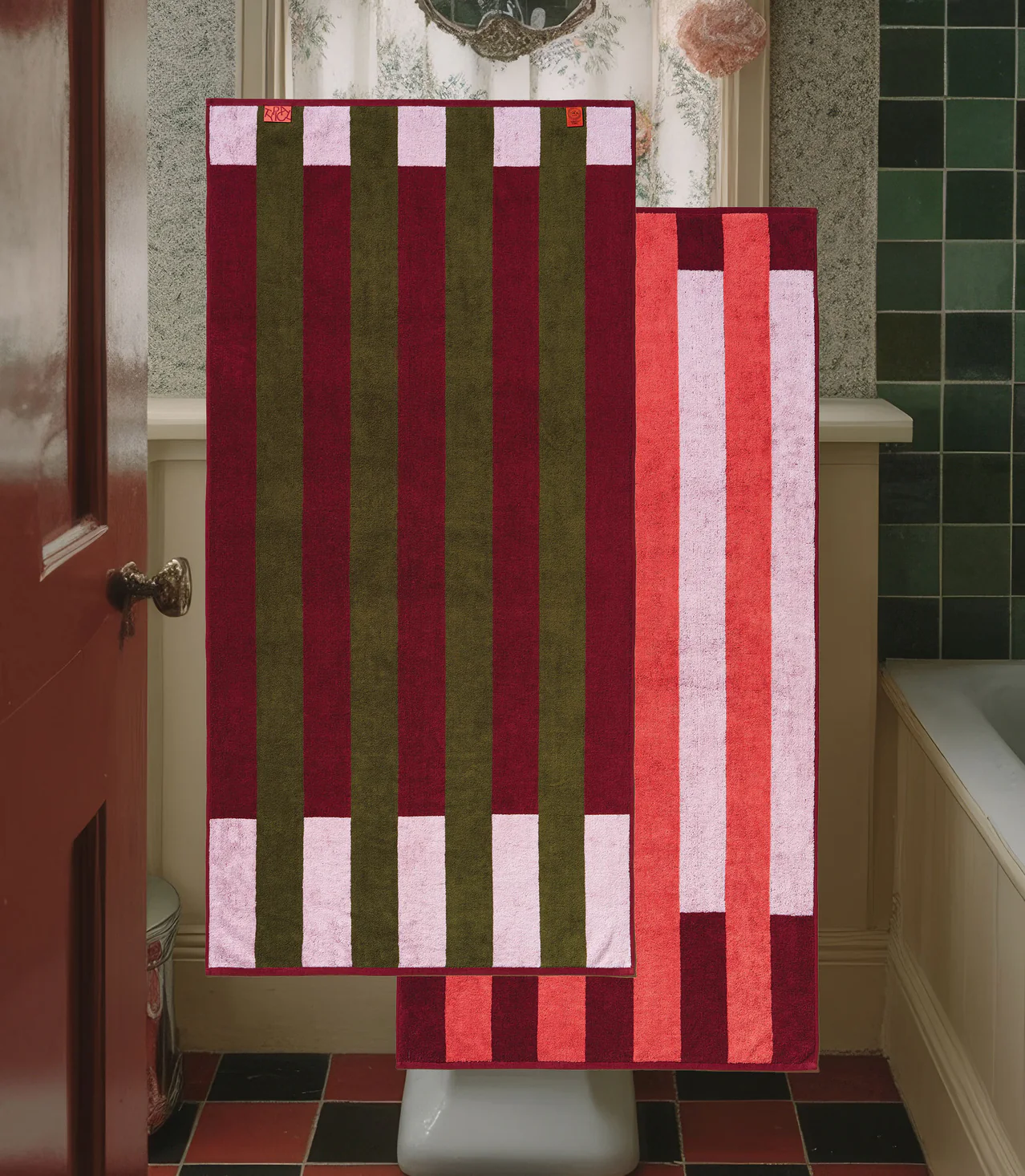 Offset Stripe Stretch Towel - Pink/Green