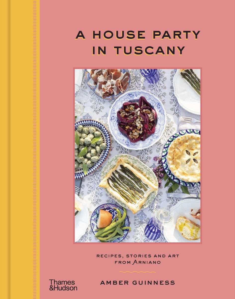 Book cover of 'A House Party in Tuscany' with images of food and a yellow border.