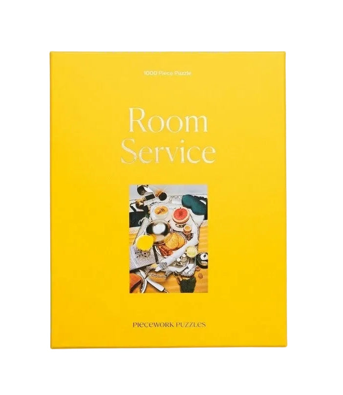 Yellow box with 'Room Service' text and a small image of food on a white background