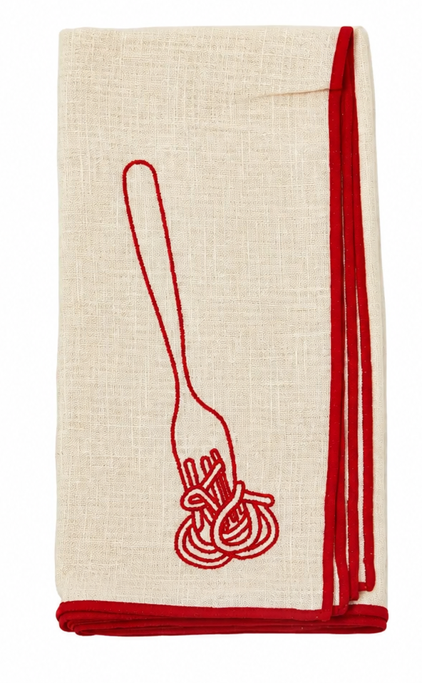 A folded beige linen kitchen towel featuring a red embroidered spaghetti fork design and a red stitched border, shown on a plain white background.