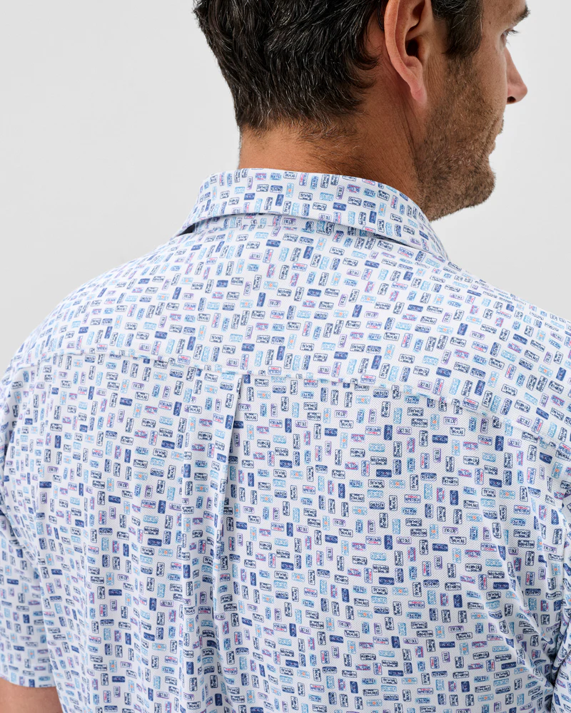 Roadtrip Printed Knit Printed Mesh Short Sleeve Button Down Shirt