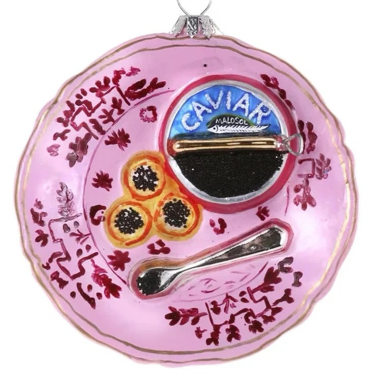 Decorative ornament resembling a caviar dish with pink background inspired by Ginori china