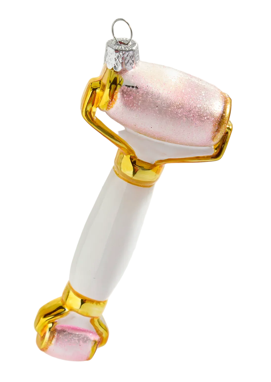Decorative glass roller with gold and white design on a white background