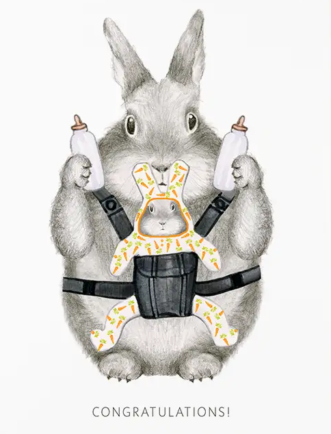 Illustration of a rabbit wearing overalls with baby bump, holding candles, on a white background.