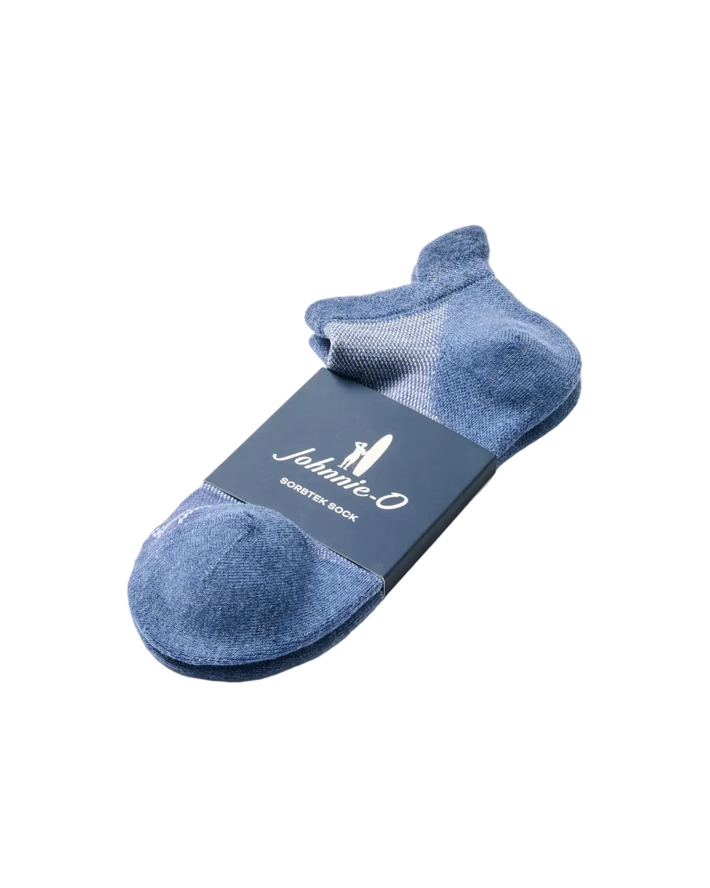 A pair of blue low-cut athletic socks with a dark navy paper band displaying the 'Joachim-O' brand logo, set against a clean white background.