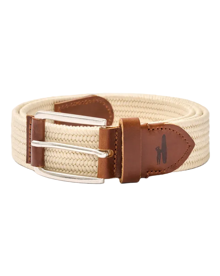 Beige woven belt with a brown leather buckle on a white background