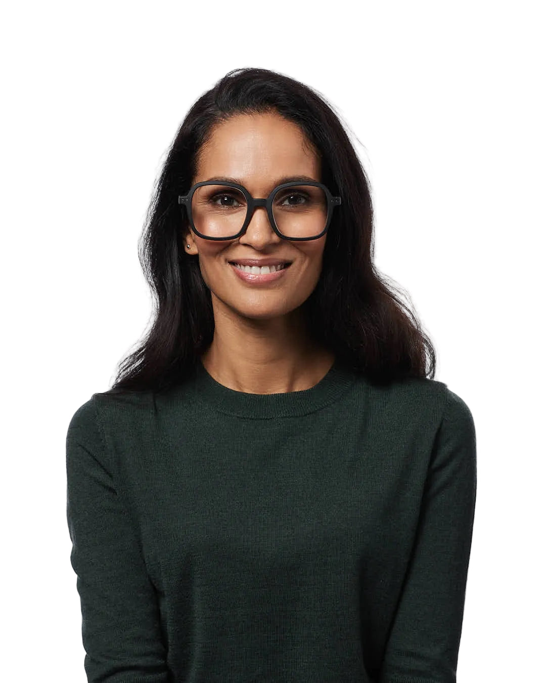 Woman wearing glasses and a dark green shirt on a white background