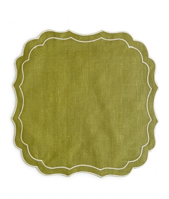 Scalloped Linen Placemats, Olive / Ivory