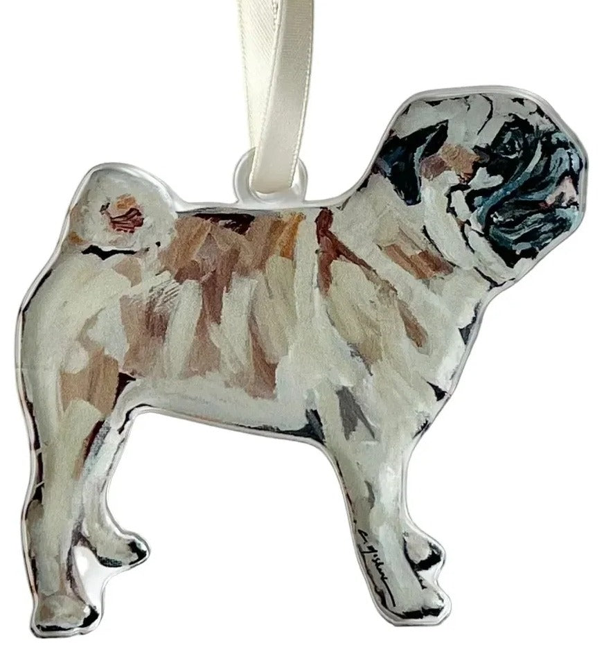 Decorative pug ornament with a ribbon on a light gray background