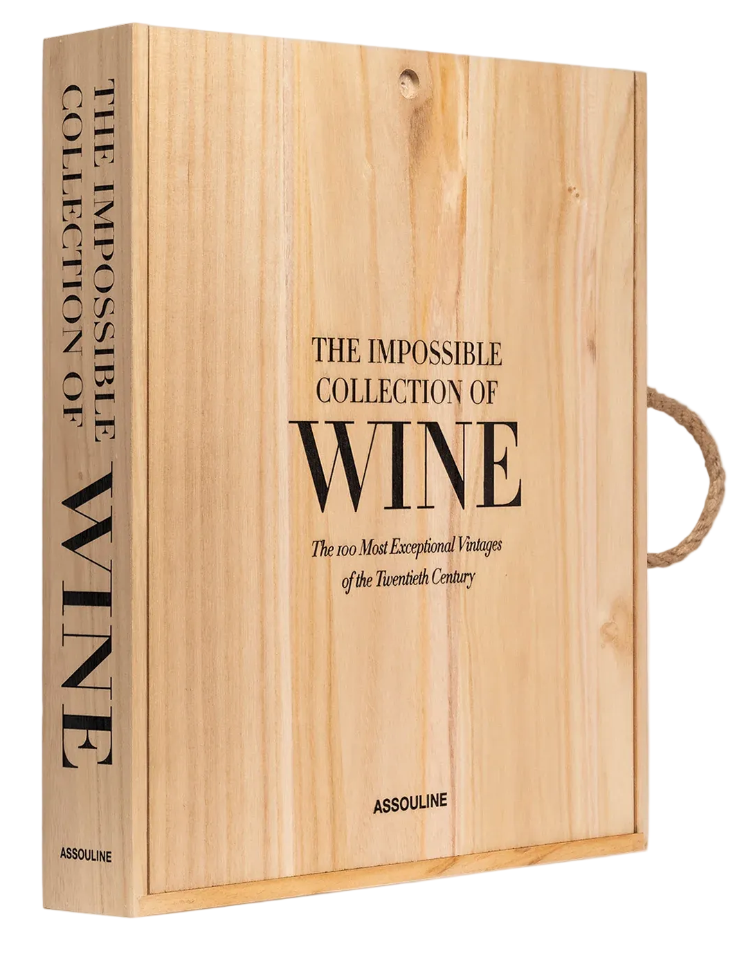 Wooden wine box with 'The Impossible Collection of Wine' text on a white background
