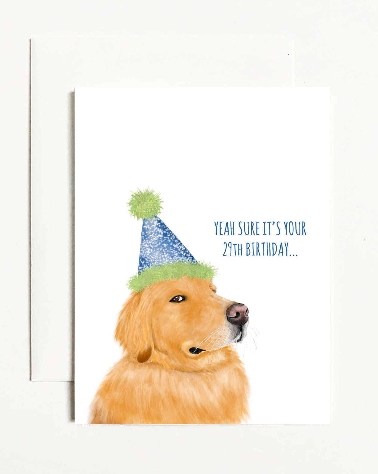 Dog wearing a birthday hat with text on a white background