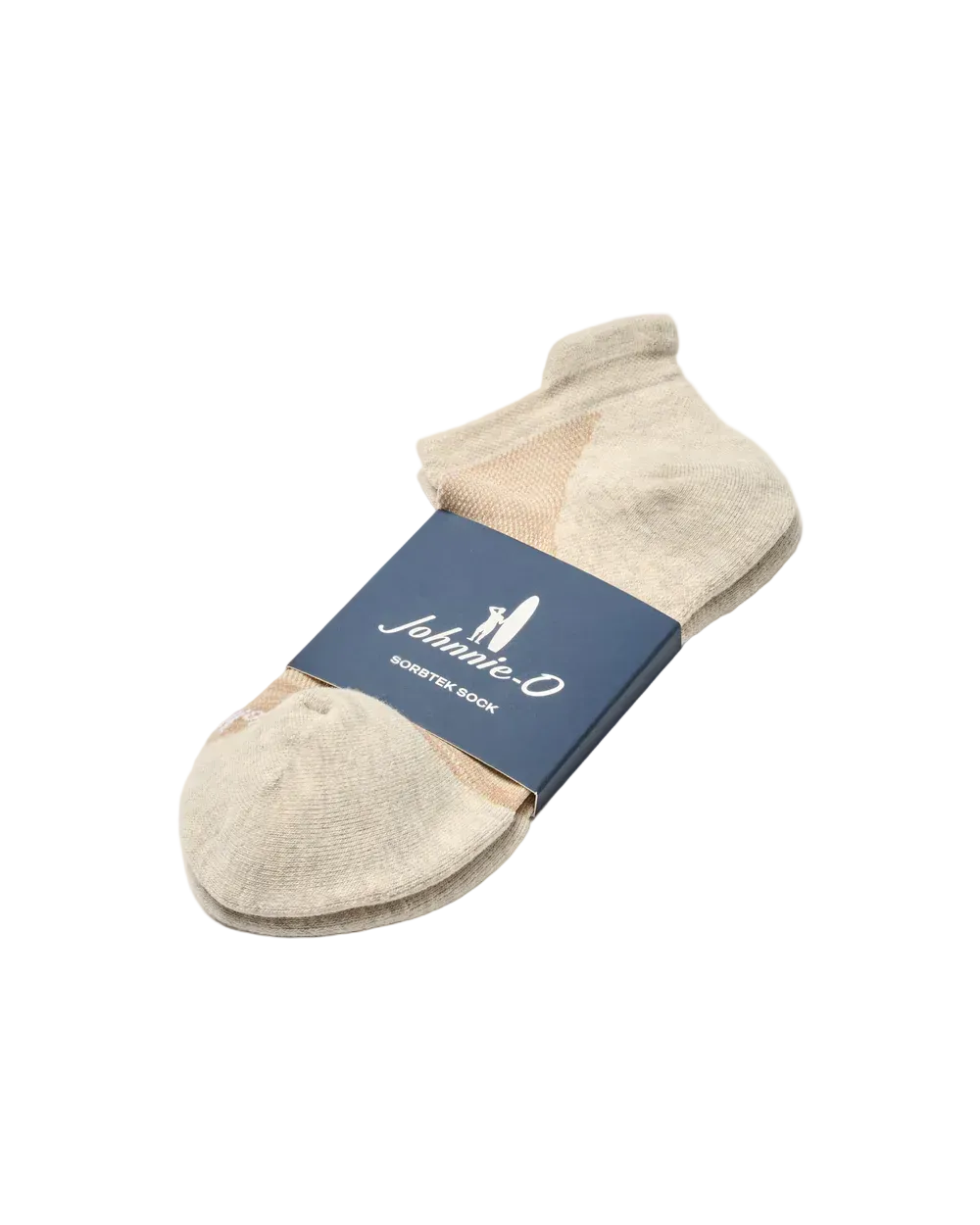 A pair of low-cut ankle socks in a light beige heathered fabric, wrapped in a dark navy blue paper band with the brand name 'Johnnie-O' printed in white.