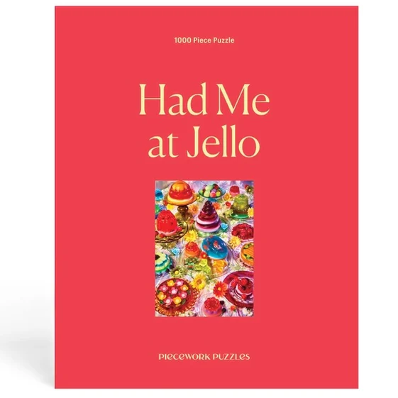 Red book cover with 'Had Me at Jello' text and colorful jello mold illustration on a white background