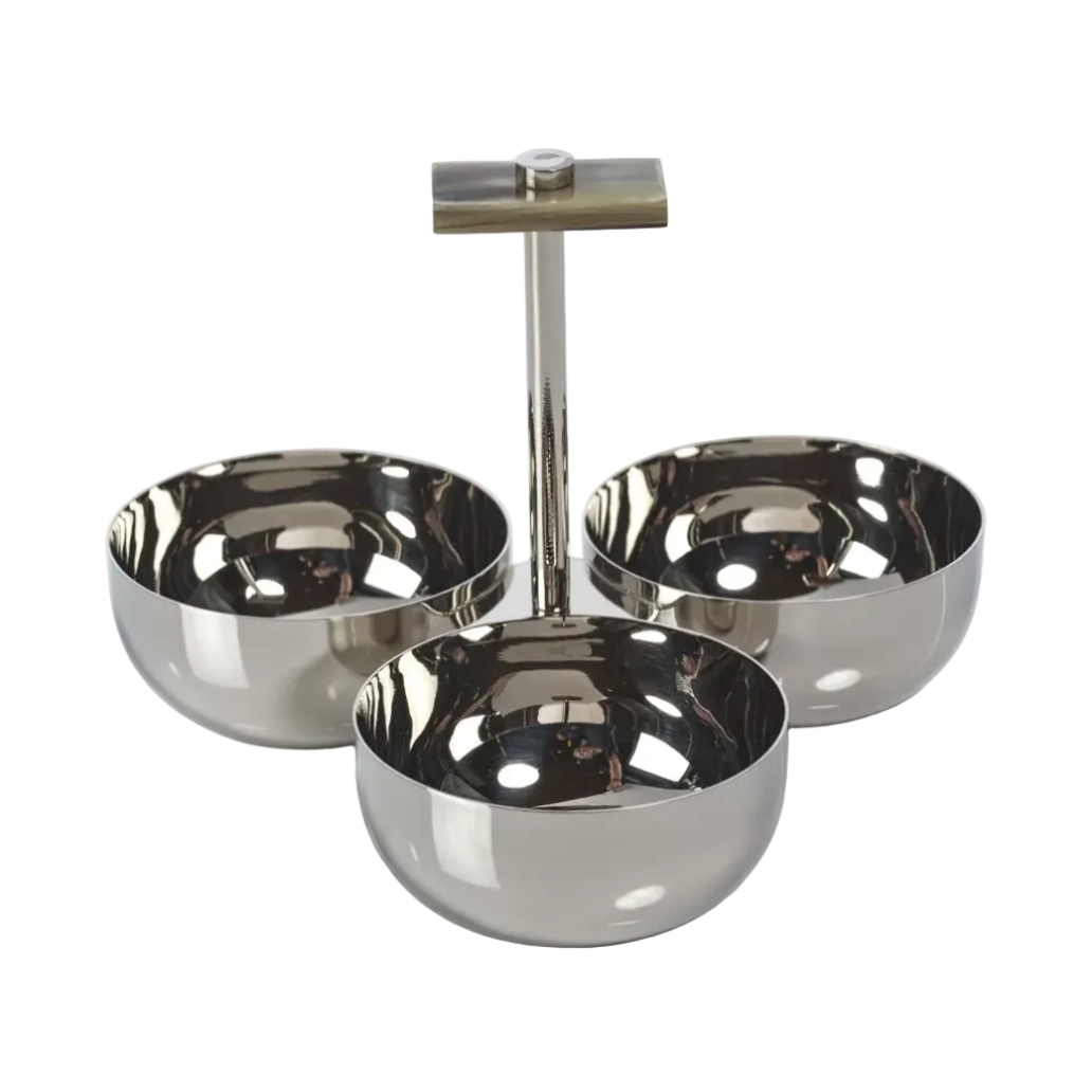 Stainless steel three-bowl serving tray on a white background