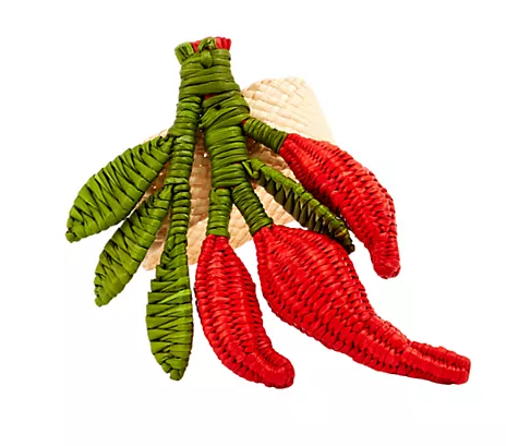 Four identical embroidered chili pepper clusters on a plain white background. Each cluster features green leaves with stitched texture and three red chili peppers.