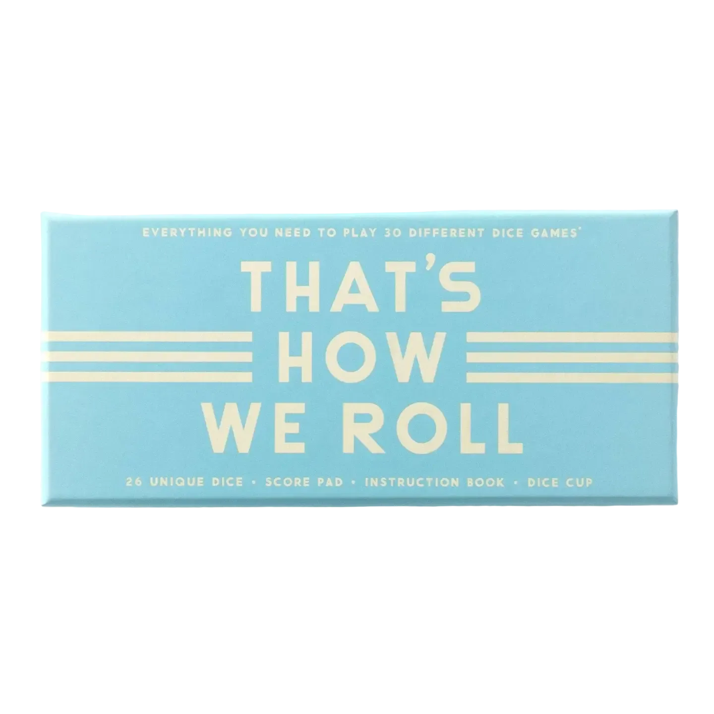 A light blue rectangular box for the card game 'That's How We Roll' with cream-colored text and stripe graphics, photographed on a clean white background.