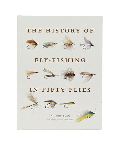 Book cover of 'The History of Fly Fishing in Fifty Flies' with illustrations of fly fishing flies.