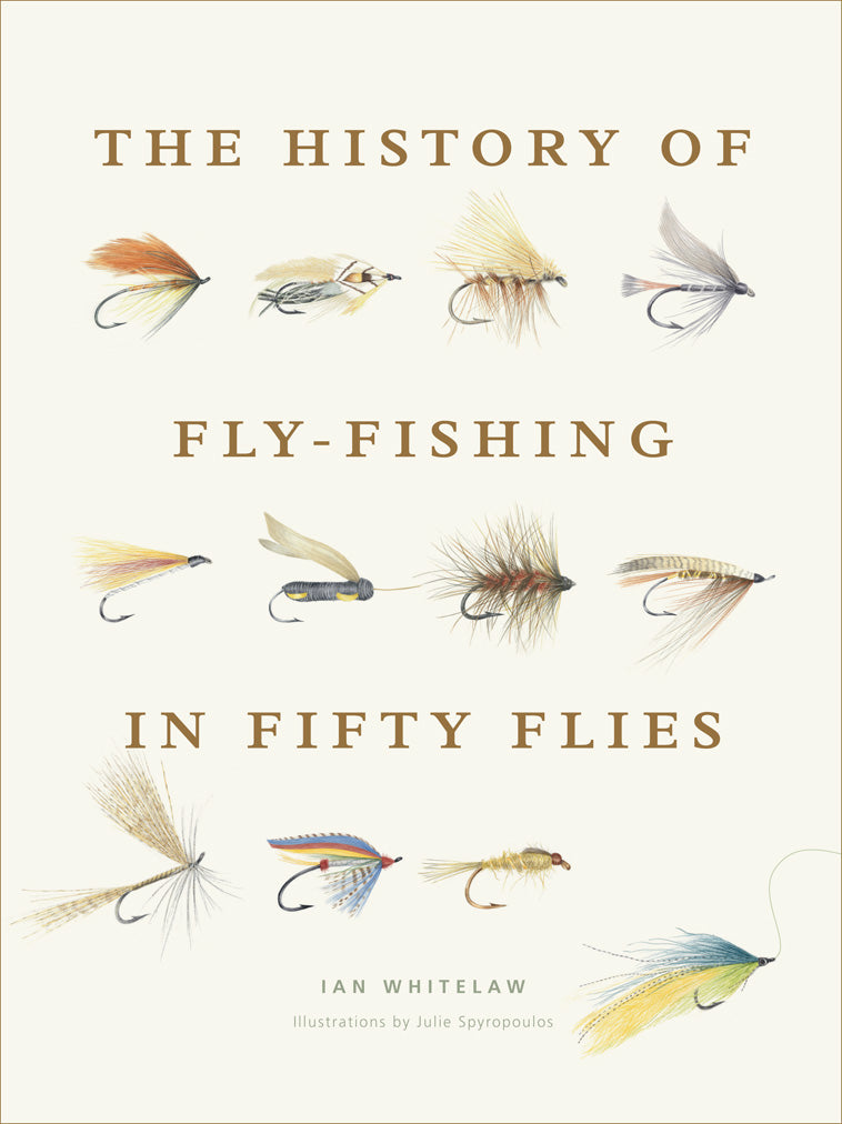 Book cover of 'The History of Fly Fishing in Fifty Flies' with illustrations of fly fishing flies.