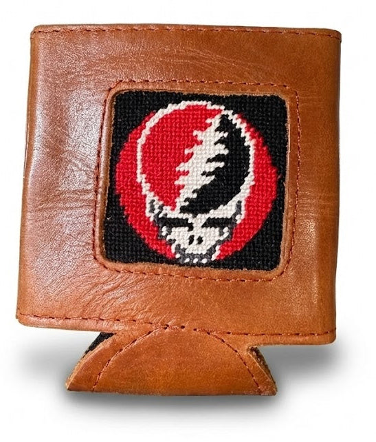Brown leather can cooler with a embroidered design on a white background