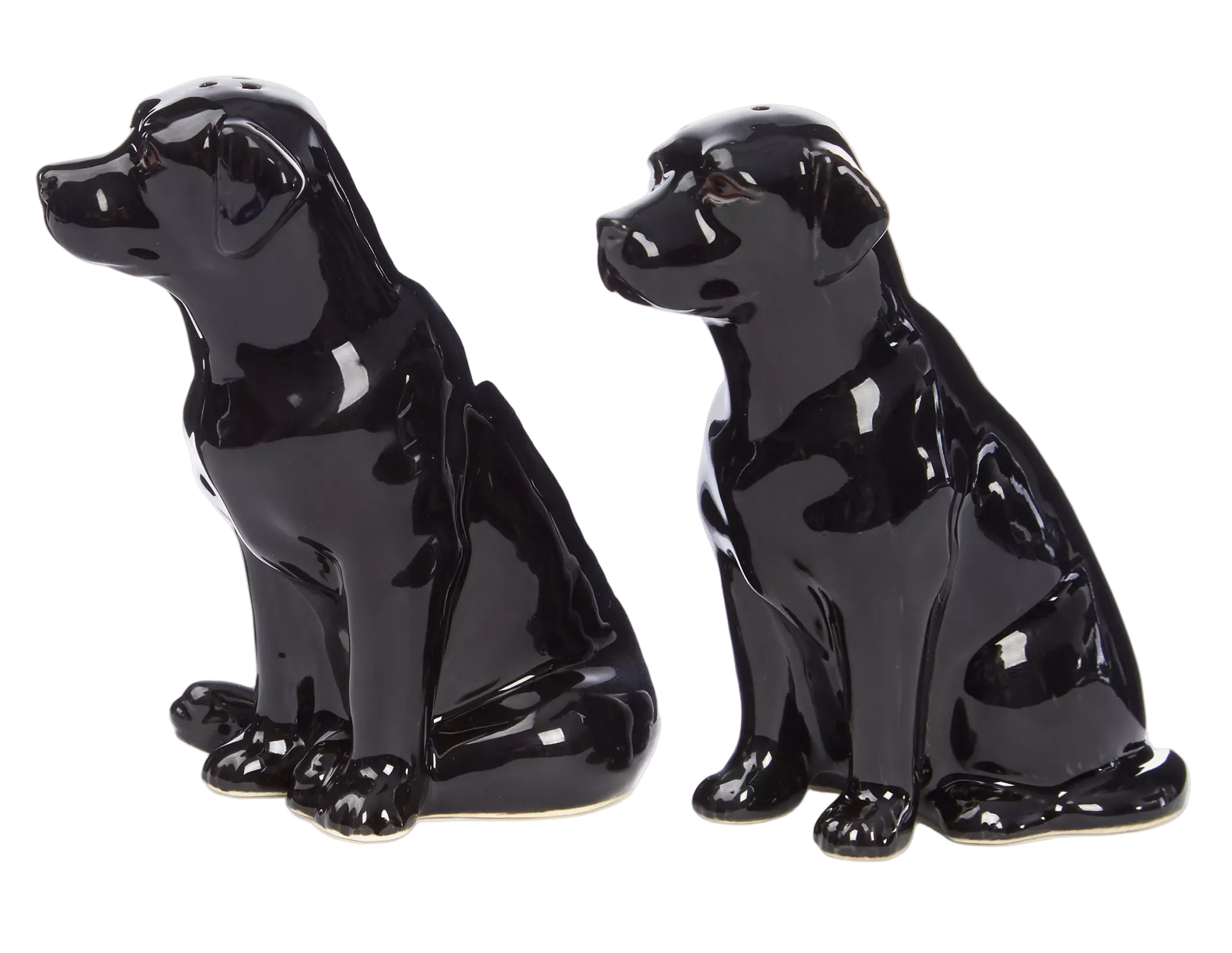 Two black ceramic dog figurines on a white background