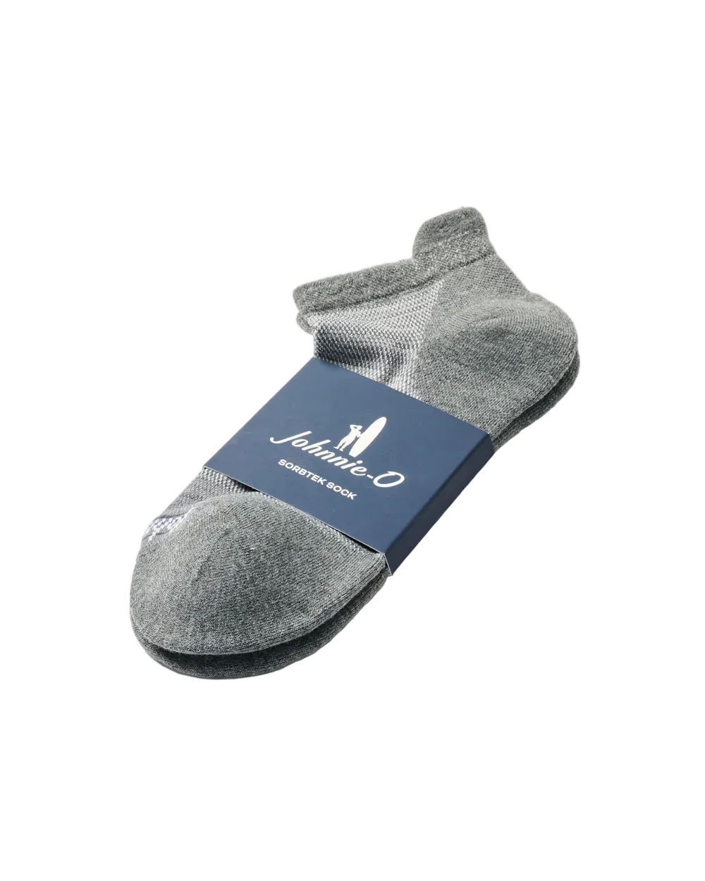 A pair of low-cut gray socks in a knit pattern, packaged with a dark blue paper band featuring the brand name 'Johnnie-O'.