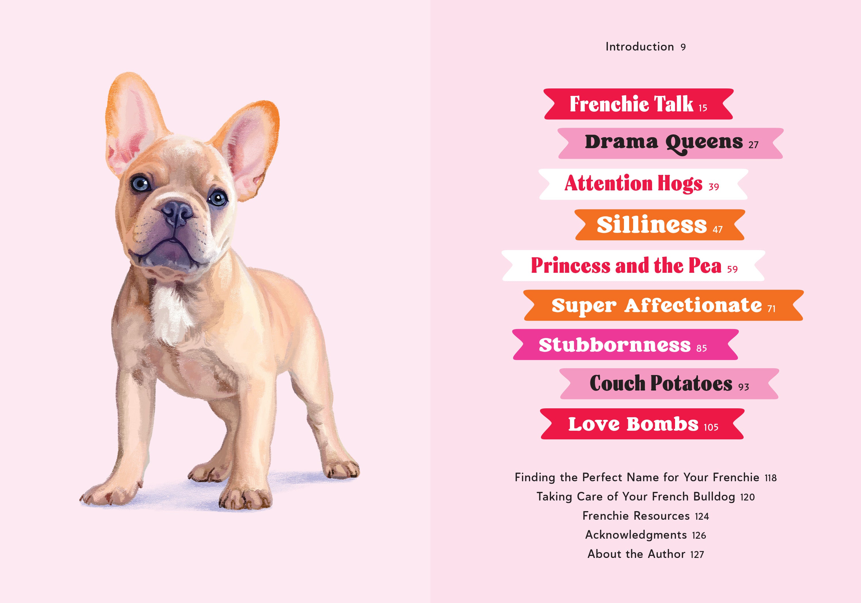 French Bulldog puppy on a pink background with text about dog characteristics.