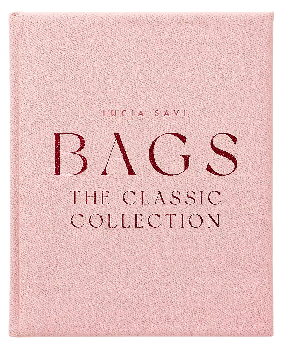 Pink box with 'Lucia Savi Bags The Classic Collection' text on a white background