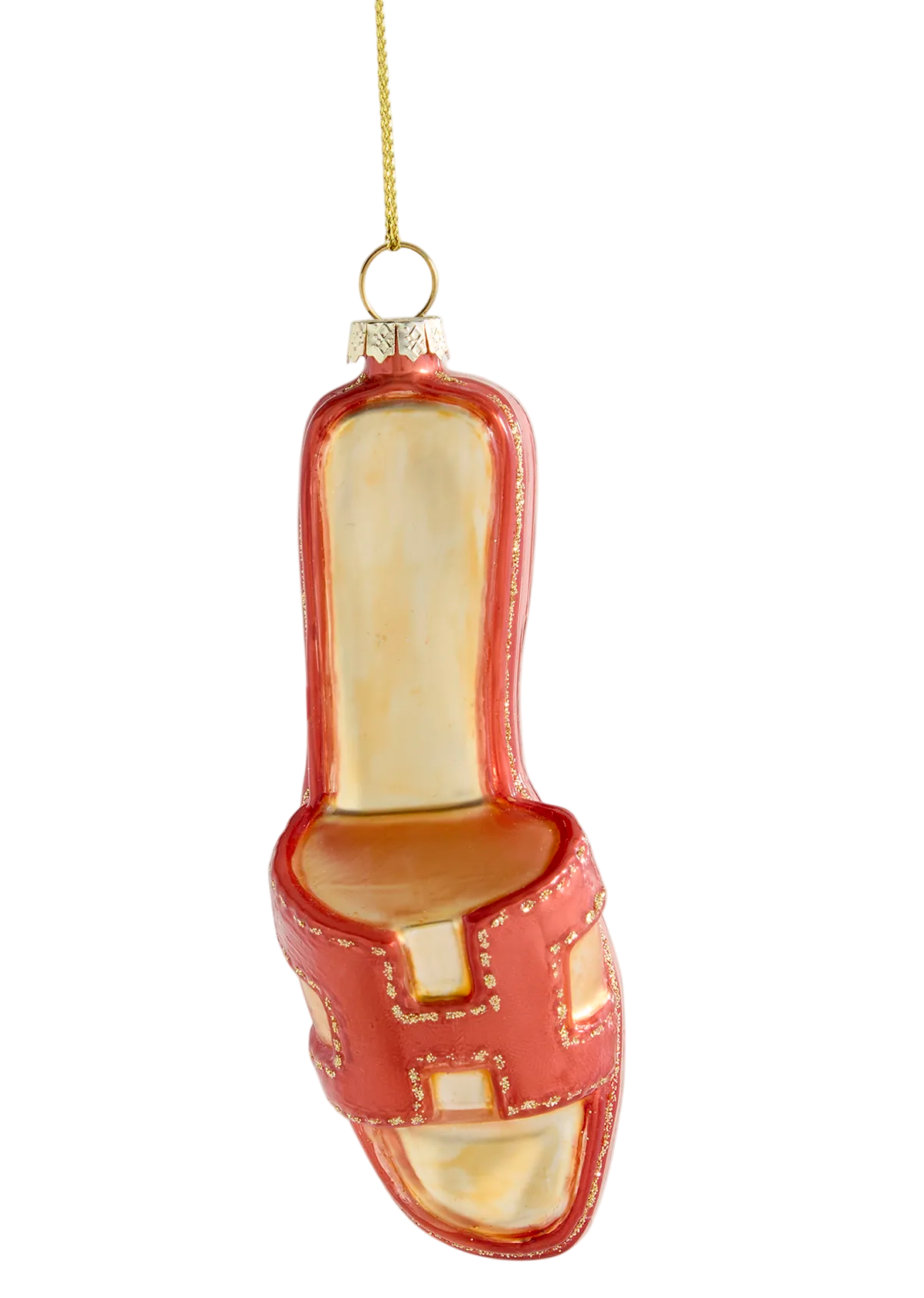 Brown sandal ornament hanging against a white background inspired by Hermes Sandals