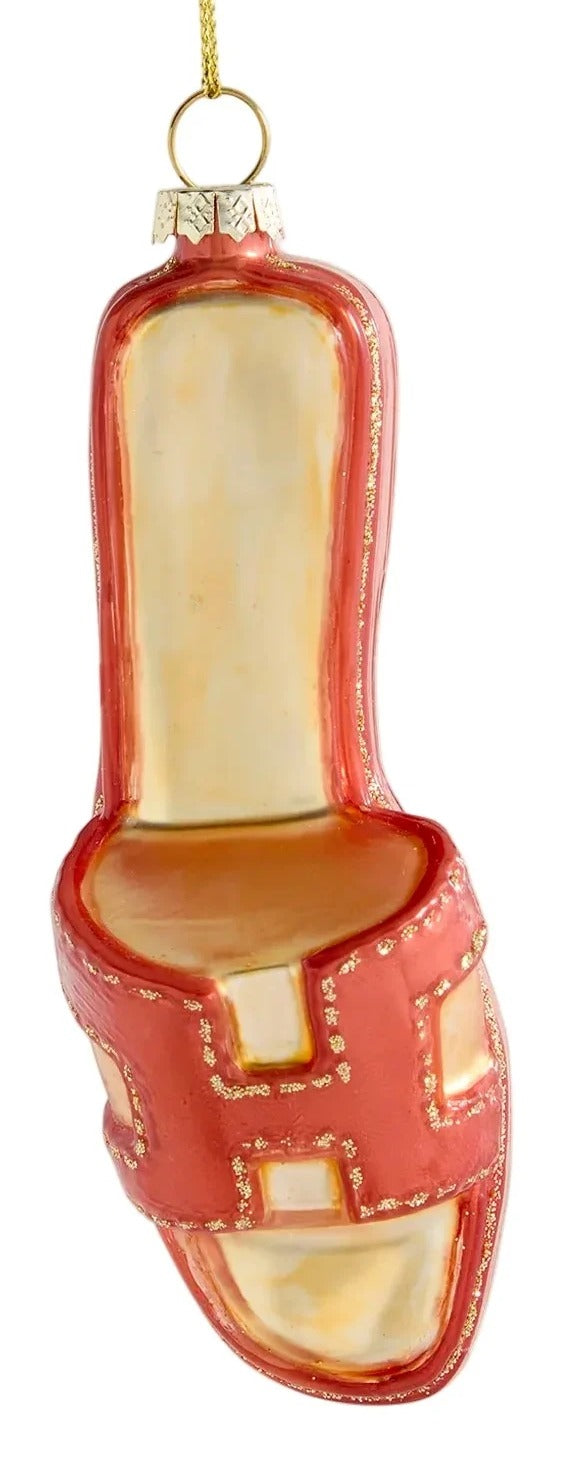 Brown sandal ornament hanging against a white background inspired by Hermes Sandals
