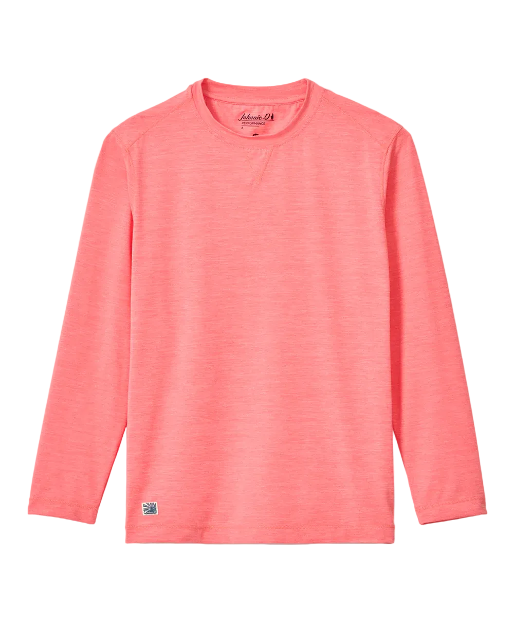 A coral pink long-sleeve crewneck shirt with a subtle heathered texture, displayed flat against a light gray background.