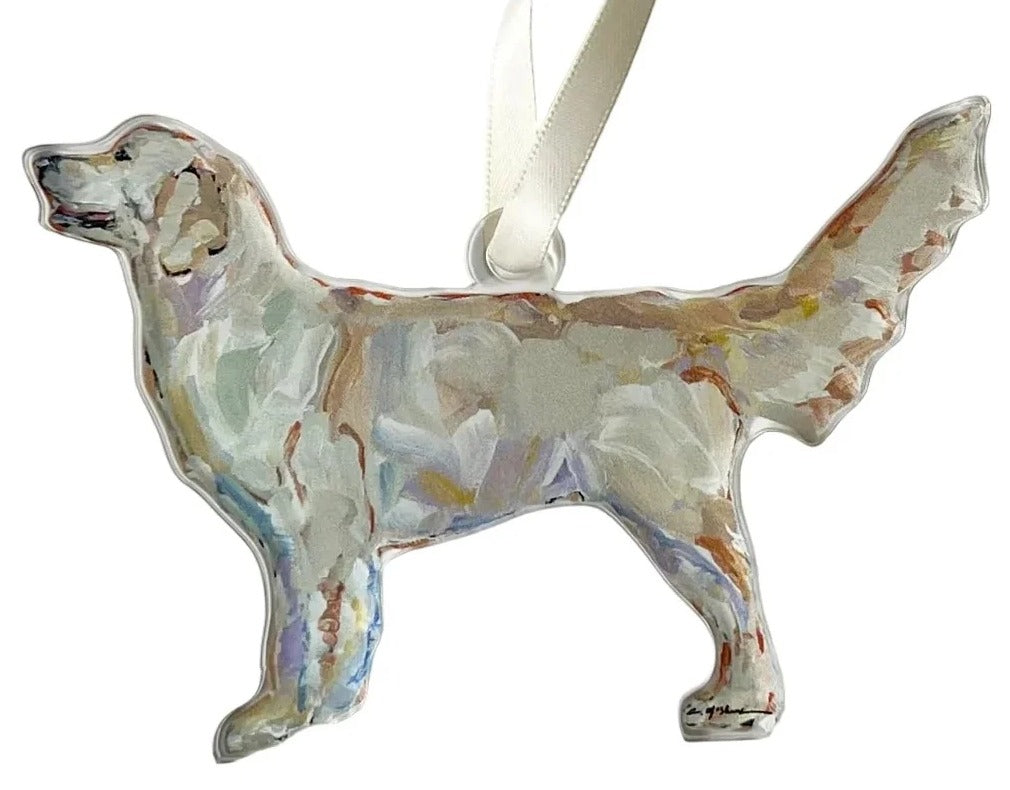 Decorative dog ornament with a ribbon on a light gray background