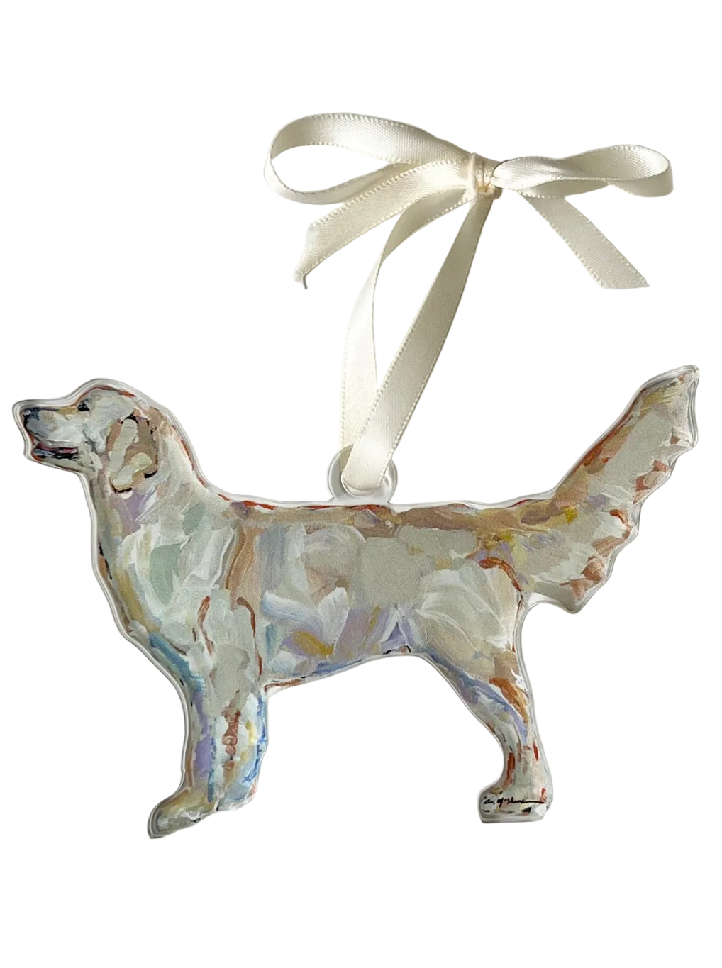 Decorative dog ornament with a ribbon on a light gray background