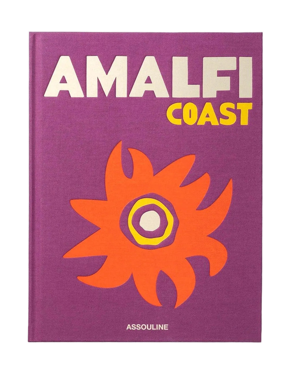 Book cover of 'Amalfi Coast' by Assouline with a purple background, orange sun graphic, and yellow text.