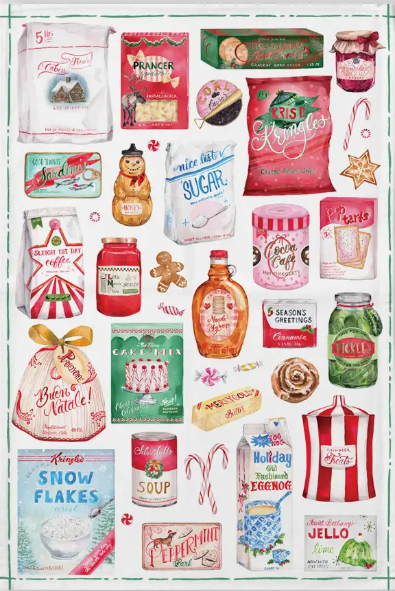 A vintage-style Christmas collage poster featuring illustrated holiday treats, candy canes, gingerbread cookies, jars, and nostalgic packaged foods on a white background with a thin green border, shown against a light gray backdrop.