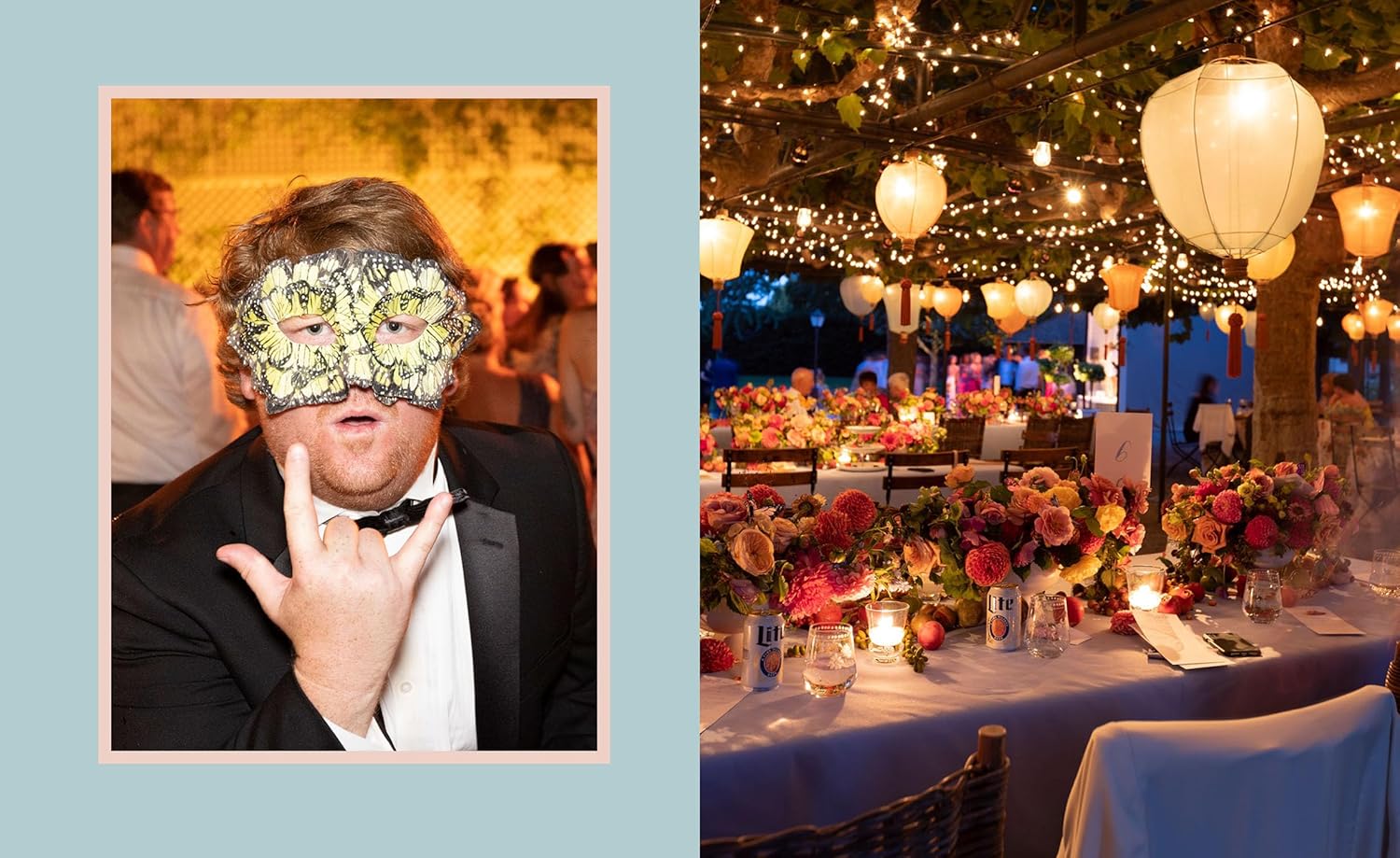 Man in a tuxedo with a decorative mask over his eyes at an outdoor event with string lights and tables.