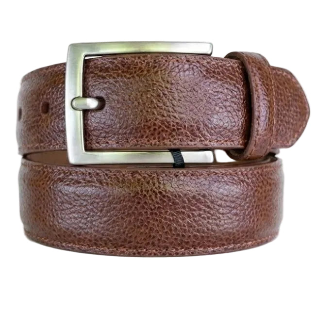 Brown leather belt with a silver buckle on a white background