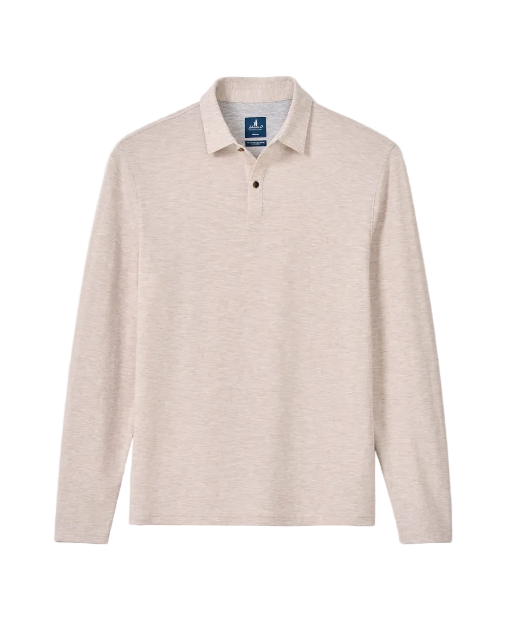 A light beige long-sleeve polo shirt with a small button placket, displayed flat against a light gray background.