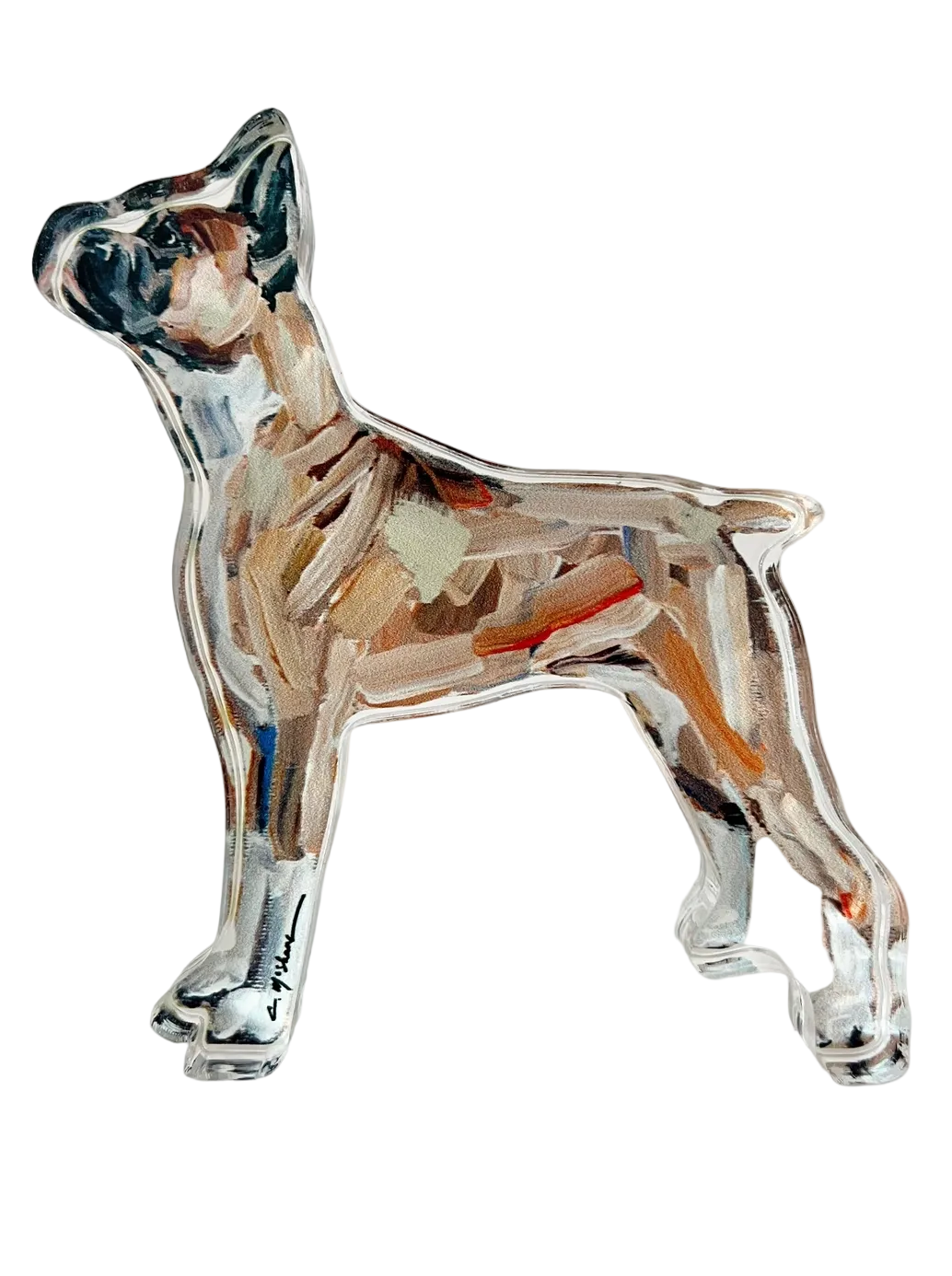 Glass sculpture of a dog on a white background